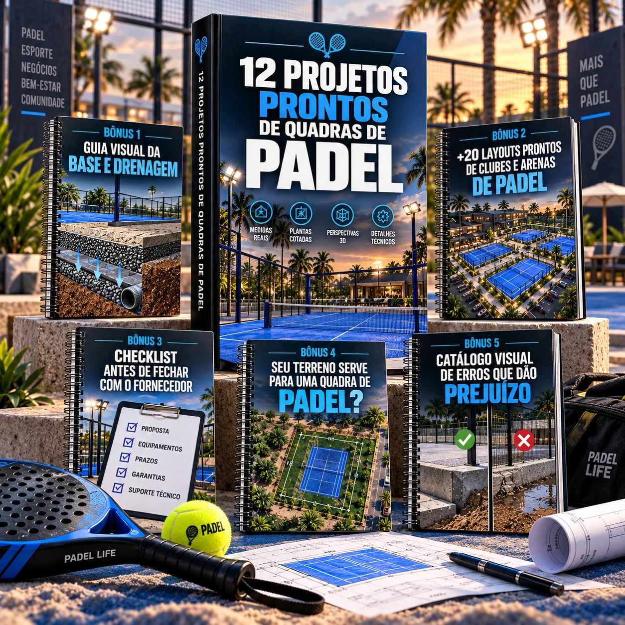 Apresentação ilustrativa do pacote digital com mais de 12 projetos prontos de quadras de padel